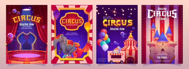 ilustraciones, imágenes clip art, dibujos animados e iconos de stock de volantes de feria de carnaval con carpa de circo - circo