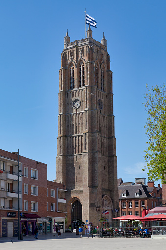 Dunkerque, France -  June 22 2020: The Belfry of Dunkirk is a 15th century monument classified as a historic monument since 1840. The belfry is also listed as a UNESCO World Heritage Site by the belfries of Belgium and France since 2005.