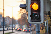 Closeup of traffic lights showing orange color