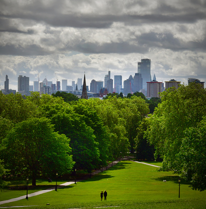 The view over the London cityscape  from Primrose Hill in the north of the City.