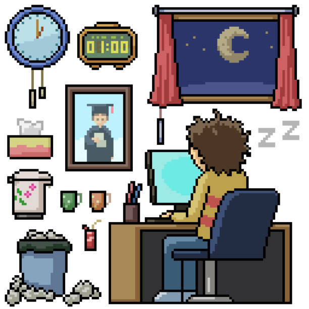 pixel art set isolated man work overtime pixel art set isolated man work overtime night shift icon stock illustrations