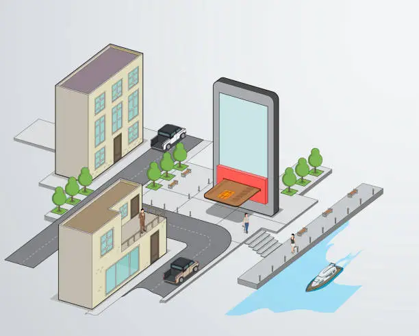 Vector illustration of Smart city, digital technology interactions