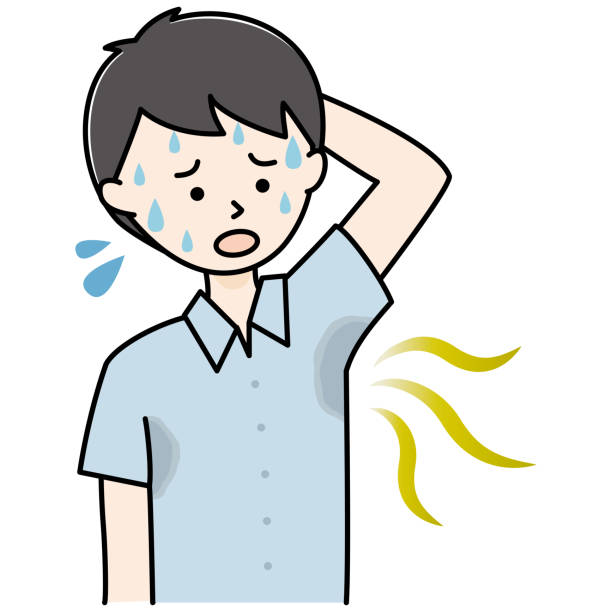 겨드랑이 땀과 냄새로 고통받는 젊은 남자 - sweat armpit sweat stain shirt stock illustrations