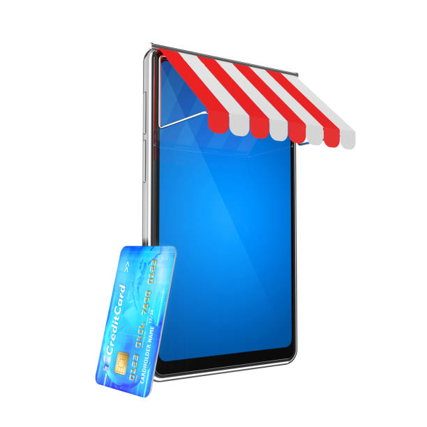 Cell phone and credit card - abstract symbols of mobile shopping and internet payments - 3d illustration stock photo