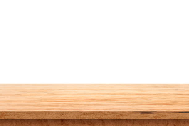istock Wood table top on white background with product display concept. Empty wooden table floor. 3D rendering. 1254540297