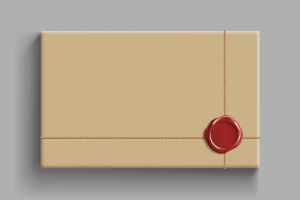 Vector illustration of Cardboard box with a wax seal. Parcel template