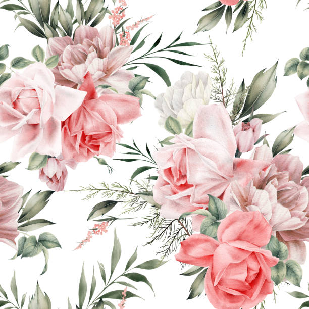 ilustrações, clipart, desenhos animados e ícones de padrão floral sem emenda com flores no fundo de verão, ilustração de aquarela. design de modelo para têxteis, interior, roupas, papel de parede - bouquet rose peony rosé