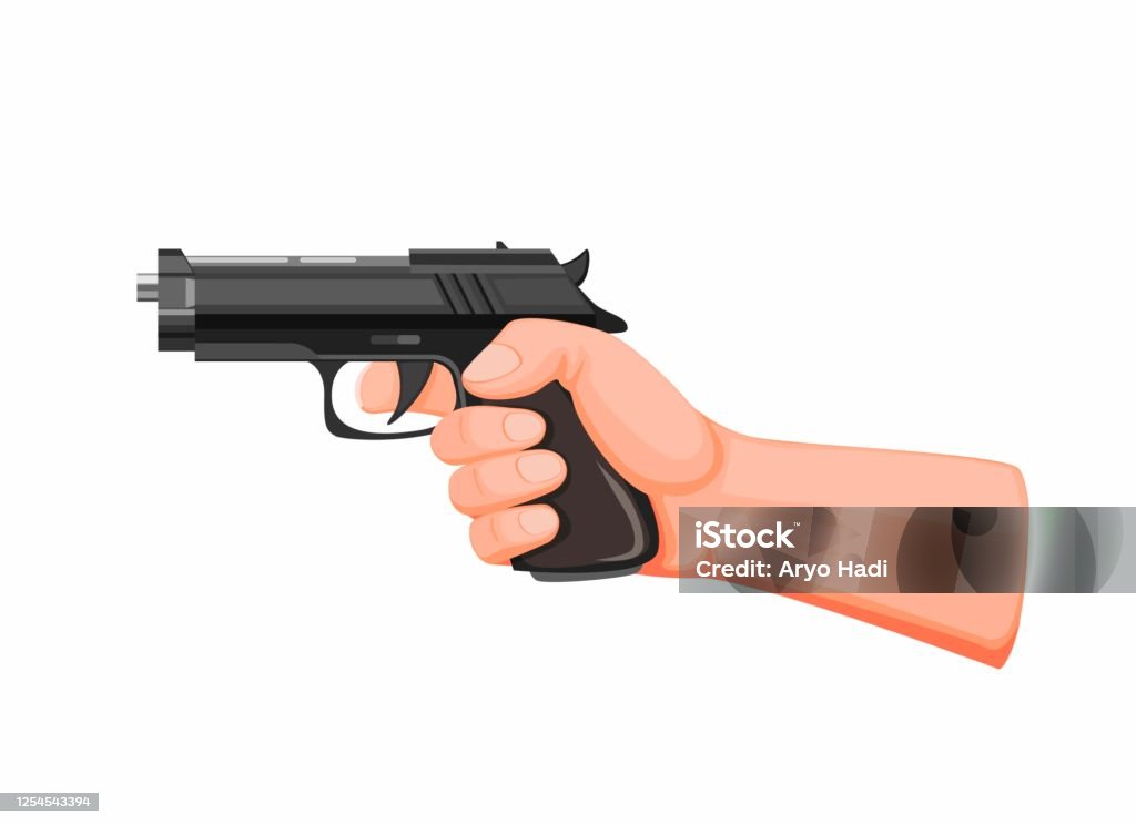 tangan memegang pistol bertujuan siap untuk menembak. pistol pistol dalam ilustrasi kartun vektor pada latar belakang putih - Bebas Royalti Senjata api vektor stok