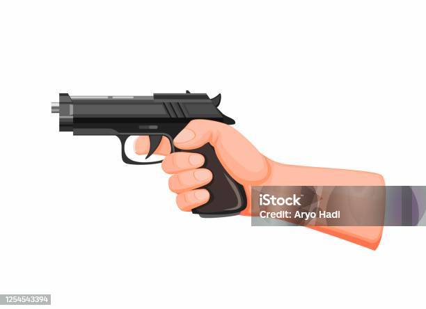 Tangan Memegang Pistol Bertujuan Siap Untuk Menembak Pistol Pistol Dalam Ilustrasi Kartun Vektor Pada Latar Belakang Putih Ilustrasi Stok - Unduh Gambar Sekarang