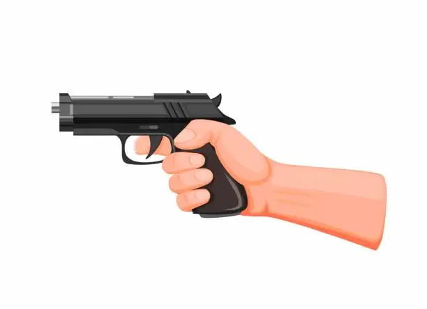 Vector illustration of hand holding gun aiming ready to shot. handgun pistol in cartoon illustration vector on white background