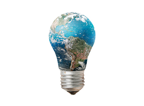 Light bulb with Earth globe isolated on white background. Green energy and ecology concept. Elements of this image furnished by NASA (url:https://earthobservatory.nasa.gov/blogs/elegantfigures/wp-content/uploads/sites/4/2011/10/land_shallow_topo_2011_8192.jpg)