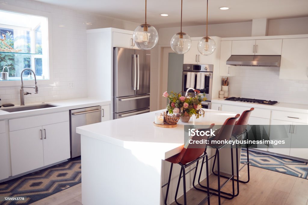 Interior View Of Beautiful Kitchen With Island Counter In New Family House Kitchen Counter Stock Photo