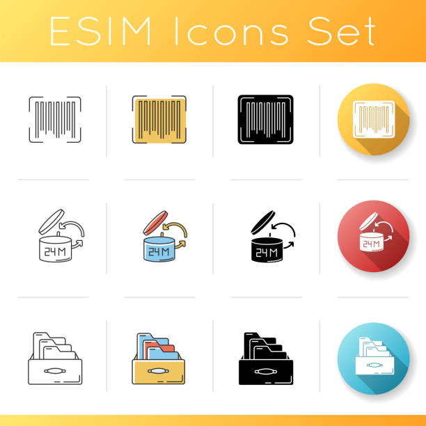 Inventory management icons set. Product barcode and shelf life, quality indicators. Accounting card system. Linear, black and RGB color styles. Isolated vector illustrations Inventory management icons set. Product barcode and shelf life, quality indicators. Accounting card system. Linear, black and RGB color styles. Isolated vector illustrations expiry date icon stock illustrations