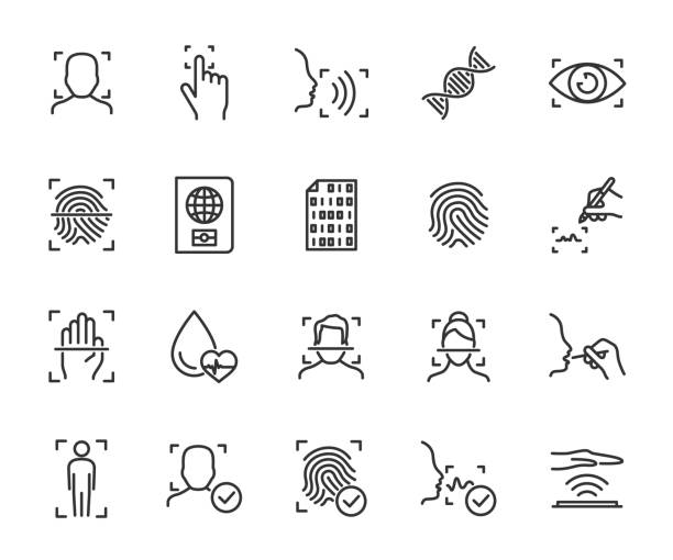 векторный набор биометрических иконок линии. содержит иконки отпечатков пальцев, идентификации лица, распознавания голоса, днк, крови, ска� - biometrics stock illustrations