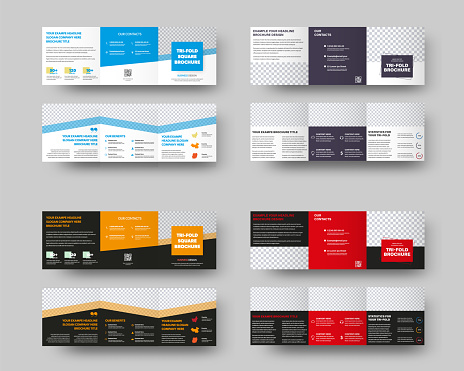 Layout of a vector square booklet, with color accents, place for photo, white and black tri-fold with realistic shadows for presentation design. Business brochure template with abstract pattern