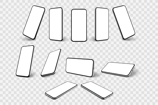 Realistic smartphone mockup. llustration of realism style drawn cellphone frame with blank display templates Collection of portable mobile device from different angles views on transparent background.