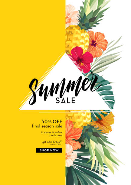 Bright summer poster with exotic palm leaves, plants, pineapples and hibiscus flowers. Copy space, vector flyer or banner design. Bright summer poster with exotic palm leaves, plants, pineapples and hibiscus flowers. Copy space, tropical vector flyer or banner design. pineapple beach stock illustrations