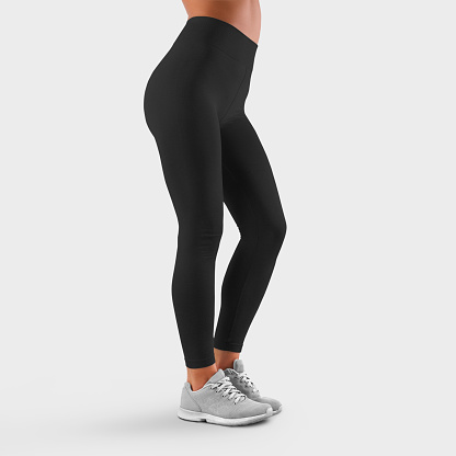Side view template of fitness leggings for a sports girl with a bent leg, for presentation of design and advertising in an online store. Mockup Workout Pants, Skinny Women's Clothing