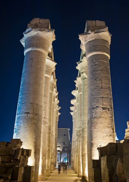 colonne nella sala ipostelio al tempio di luxor durante la notte - temple of luxor hypostyle hall foto e immagini stock