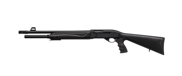 istock Modern left-handed semi-automatic tactical shotgun isolate on white background. Smoothbore weapons for sports, hunting and self-defense. 1254546669