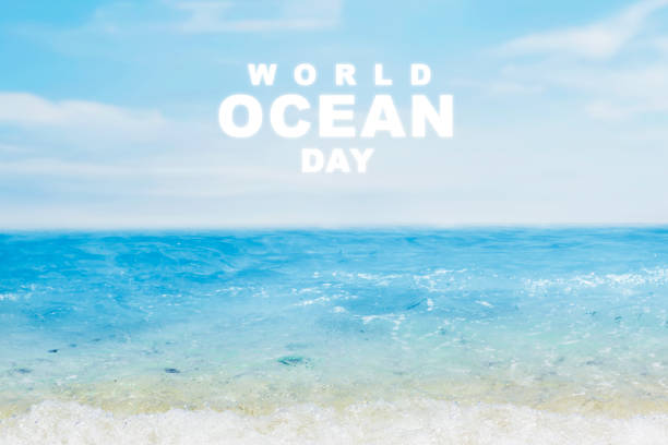 istock Beach with waves and World Ocean Day text 1254550019