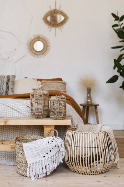 istock Cozy apartment in boho chic style interior with comfort bedroom 1254551651