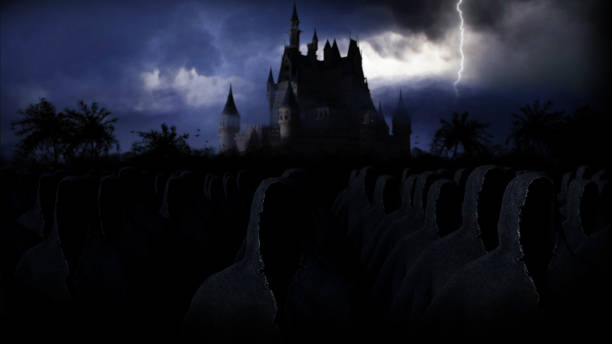 istock Mystery dark castle with ghosts. Fear. 3d rendering. 1254553190
