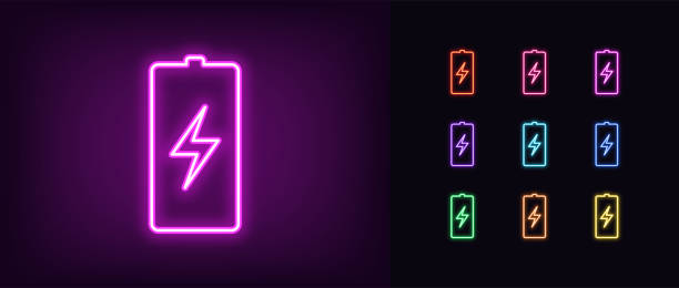Neon battery icon. Neon charge battery sign with lightning Neon battery icon. Neon charge battery sign with lightning, set of isolated electric accumulator in vivid colors. Charger, charge station. Glowing icon, sign, symbol for UI design. Vector illustration power in nature stock illustrations