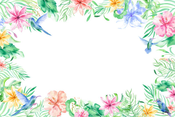 istock Watercolor frame background with tropical flowers, leaves. Hawaiian exotic illustrations for greeting card, wedding, wallpaper 1254556716