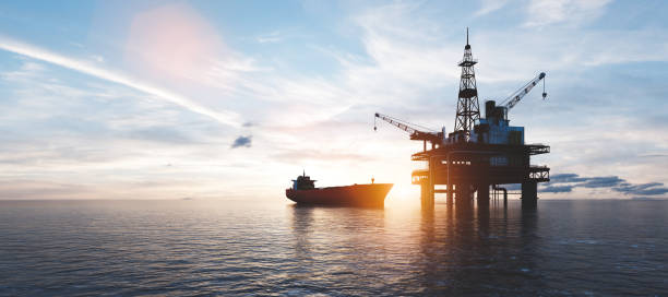 Oil platform on the ocean. Offshore drilling for gas and petroleum stock photo