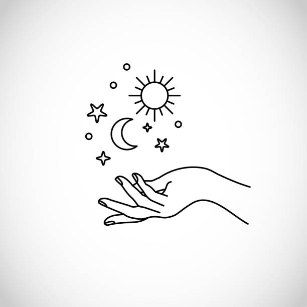 ilustraciones, imágenes clip art, dibujos animados e iconos de stock de boho, hipster vector arte de las manos con sol, luna y estrellas - tatuajes del sol