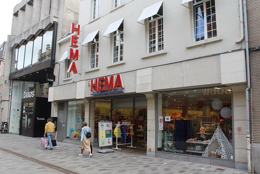 Aalst, Belgium, 6 July 2020: Exterior view of a HEMA retail store in Flanders. HEMA is a Dutch multinational variety store-chain, characterized by relatively low pricing of generic housewares.