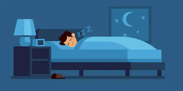 Vector illustration of Man sleeping. Guy lies on bed under duvet at night, comfortable sleep time at home, vector flat illustration on interior background