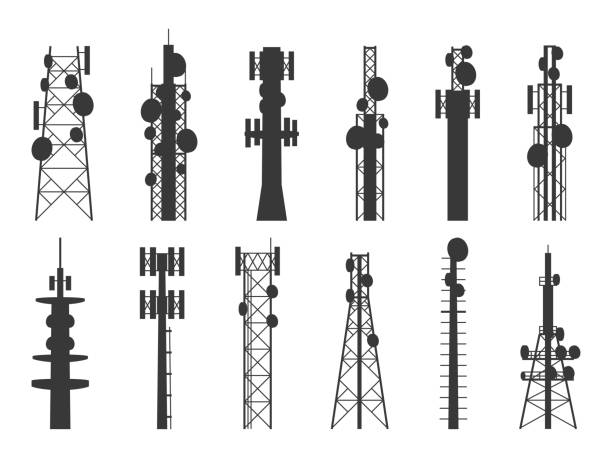 Radio tower silhouettes. Transmission cellular towers, television and broadcasting antenna, satellite signal telecom masts vector set Radio tower silhouettes. Transmission cellular towers, television, internet and broadcasting antenna, satellite signal telecom masts. Vector isolated set tower stock illustrations