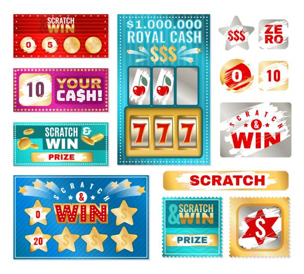 Scratch cards. Lottery tickets for card game. Winning and loser coupon with scratches gambling, vector collection with silver metallic effect Scratch cards. Instant lottery tickets for card game. Lucky winning and loser coupon with scratches gambling, vector collection with silver metallic effect scraping stock illustrations