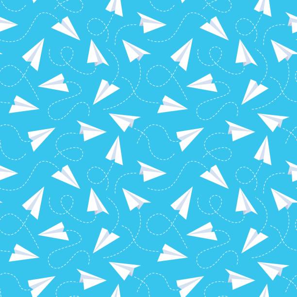 płaszczyzna papieru bez szwu wzór. białe latające samoloty i przerywane tory liniowe. kreatywna konstrukcja tekstylna, owijająca, tekstura wektora tapety - simplicity paper airplane airplane journey stock illustrations