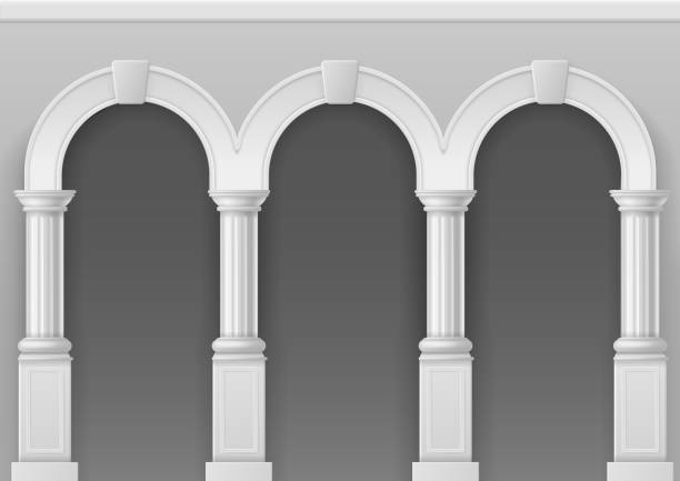 골동품 아케이드. 돌 기둥, 기둥, 성 외관 벡터 일러스트가있는 고전적인 로마 또는 그리스 궁전 인테리어가있는 건축 아치 - greek culture italian culture architecture colonnade stock illustrations