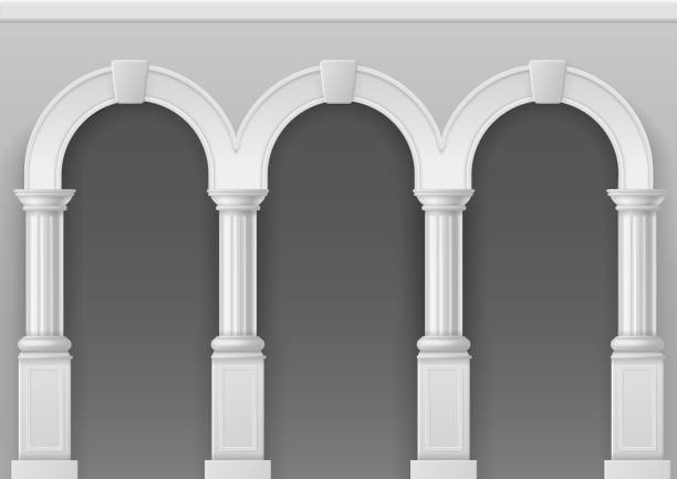istock Antique arcade. Architecture arch with stone pillars, classic roman or greek palace interior with columns, castle facade vector illustration 1254563173