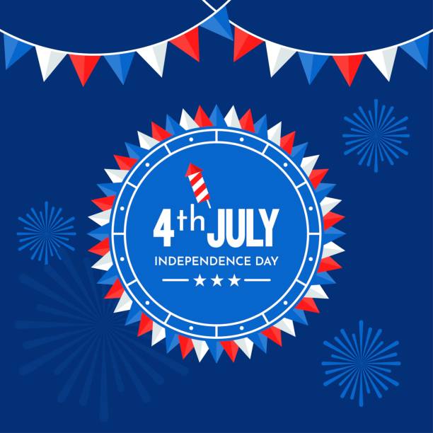istock 4th of July USA independence day related vector illustration with corners badge, firecracker, stars and fire works in flat style, 1254563208