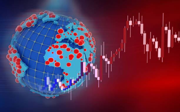 istock Red Covid-19 Coronaviruses with Financial Charts and Bar Graph over Globe 1254564481