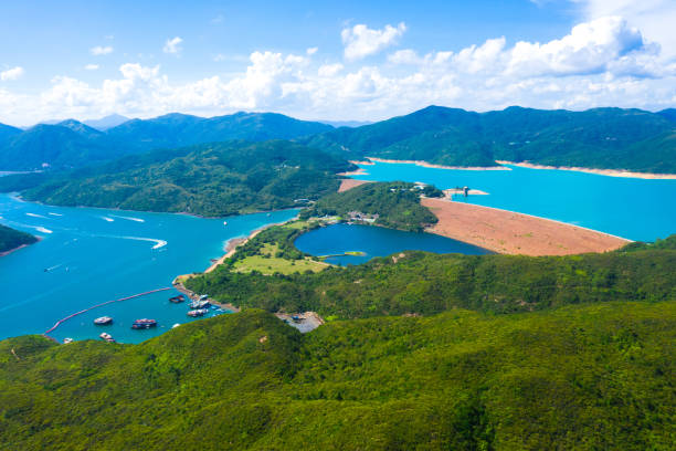 高い島の貯水池の広角空中写真、西ダム西ダム、西クン半島、香港、屋外、昼間