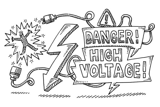 Lightning High Voltage Warning Concept Drawing Hand-drawn vector drawing of a Lightning High Voltage Warning Concept. Black-and-White sketch on a transparent background (.eps-file). Included files are EPS (v10) and Hi-Res JPG. electricity drawings stock illustrations