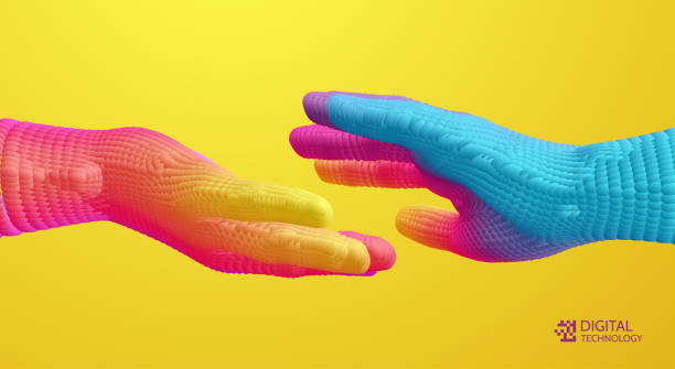 istock Hands reaching towards each other. Concept of human relation, togetherness or  partnership. Connection structure. 3D vector illustration. 1254567301