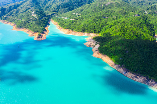 Aerial view wide shot beautiful sunset tropical beach sea in south thailand Asia