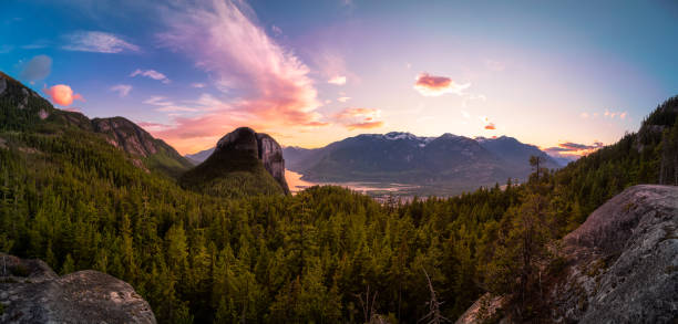 Beautiful Panoramic View of Canadian Mountain Landscape during a sunny sunset. Squamish, British Columbia, Canada. Nature Background Panorama