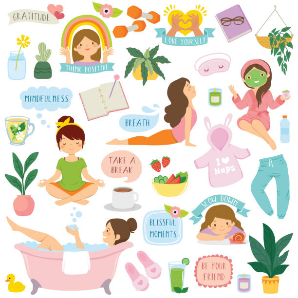 Self care and well-being clipart set Self care and wellbeing clipart set. Cartoon girls, icons and typography related to healthy lifestyle, relaxation, positivity, and self love. escaping illustrations stock illustrations