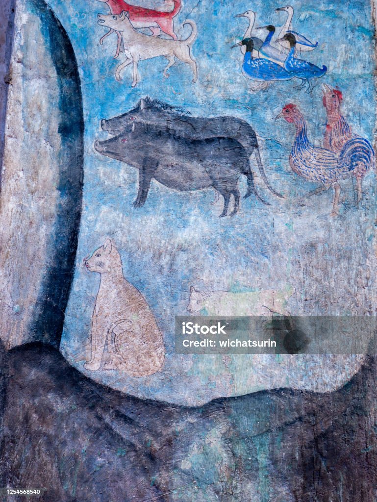Fresco of Ancient Animals of The Old Age in The Church The Fresco of Ancient Animals of The Old Age in The Church of Nan Province in The North of Thailand Ancient Stock Photo