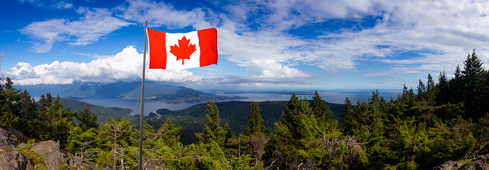Canadian National Flag Composite. Beautiful Panoramic Landscape view from top of Mt. Gardener Hike with Vancouver City in Background. Located in Bowen Island, British Columbia, Canada.