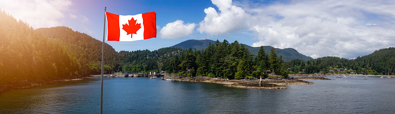 Canadian National Flag Composite. Beautiful Panoramic View of Snug Cove in Bowen Island during a sunny and cloudy day. Located in Howe Sound, near Vancouver, British Columbia, Canada.