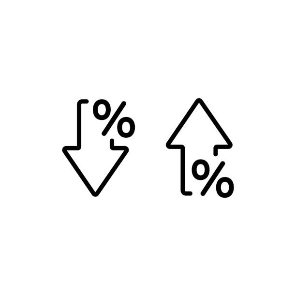 Percent arrow icon in line style. Growth and reduction - discount. Vector on isolated white background. Eps 10. Percent arrow icon in line style. Growth and reduction - discount. Vector on isolated white background. Eps 10 1354 stock illustrations